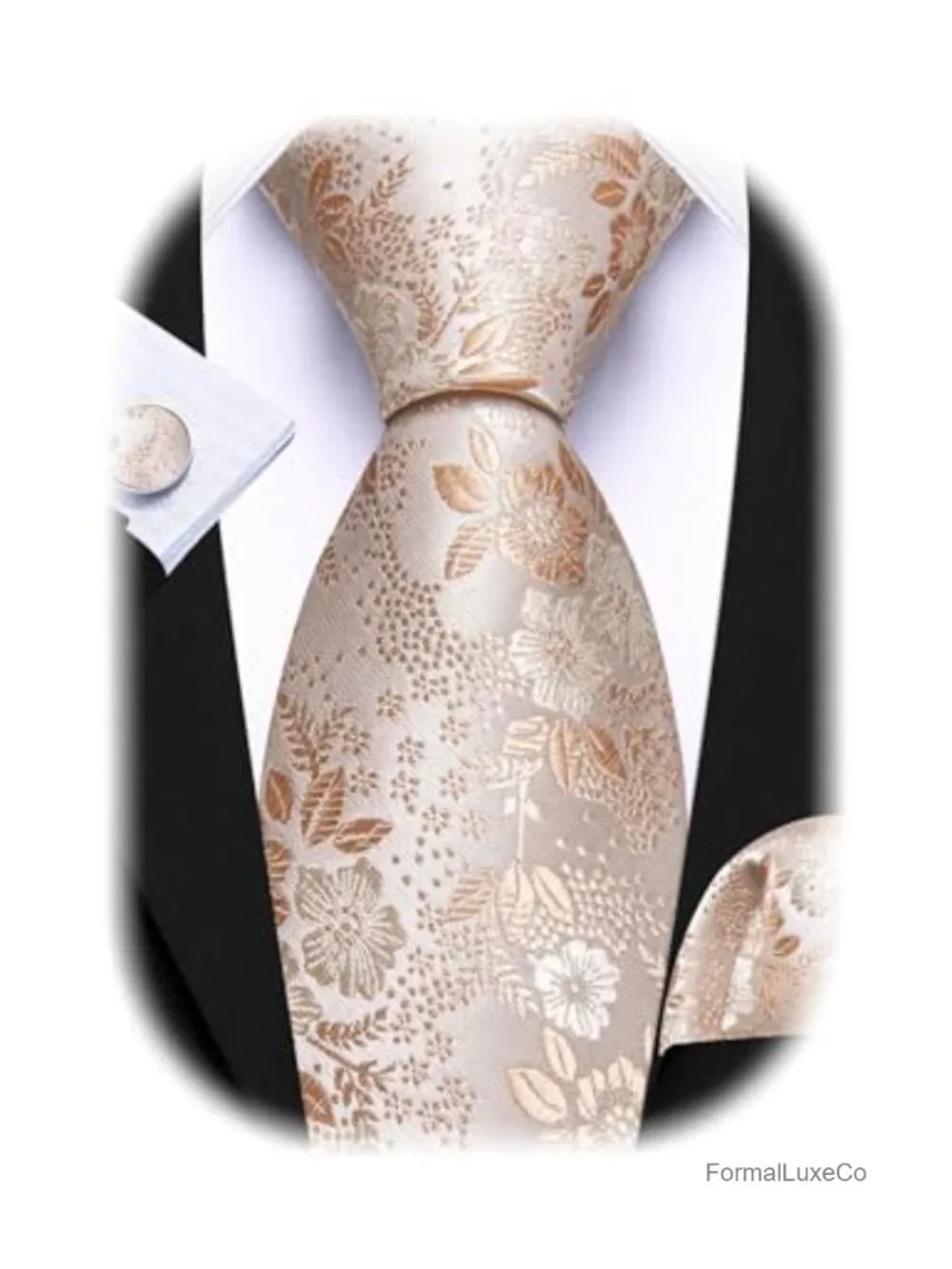 Silk Woven Floral Tie Set with Handkerchief Cufflinks for Men Wedding Party